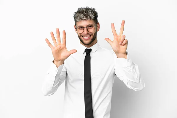 Zakelijke Blanke Man Geïsoleerd Witte Achtergrond Tellen Acht Met Vingers — Stockfoto