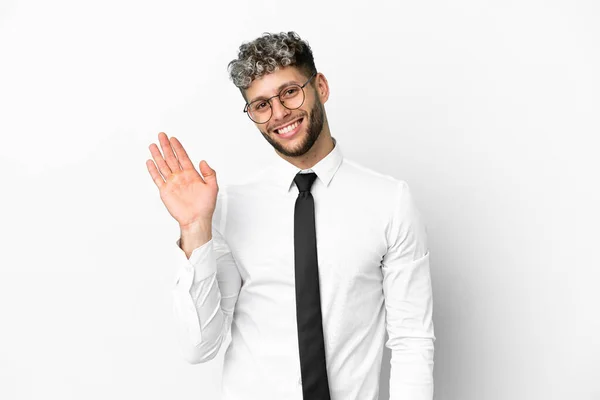 Zakelijke Blanke Man Geïsoleerd Witte Achtergrond Salueren Met Hand Met — Stockfoto