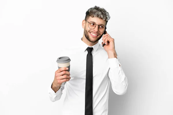 Zakelijke Blanke Man Geïsoleerd Witte Achtergrond Met Koffie Mee Nemen — Stockfoto