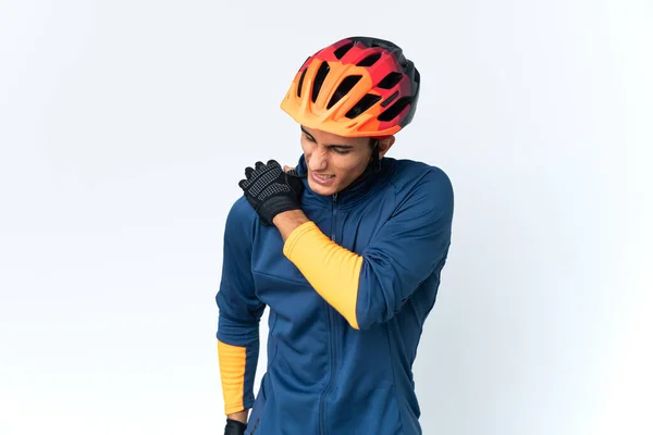 Young Cyclist Man Isolated Background Suffering Pain Shoulder Having Made — Stock Photo, Image