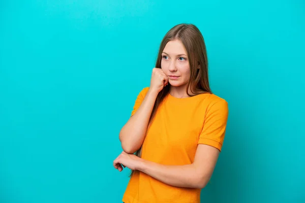 Young Russian Woman Isolated Blue Background Tired Bored Expression — 图库照片