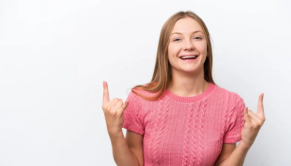 Junge Russin Isoliert Auf Weißem Hintergrund Und Macht Hupgeste — Stockfoto