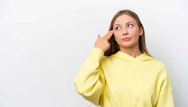 Jovem Mulher Russa Isolada Fundo Branco Com Problemas Fazer Gesto — Fotografia de Stock