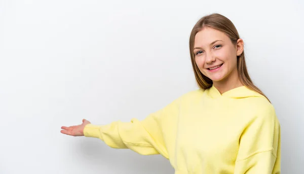Young Russian Woman Isolated White Background Extending Hands Side Inviting — Stock Photo, Image