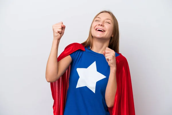 Super Hero Russian Woman Isolated White Background Celebrating Victory — Foto Stock