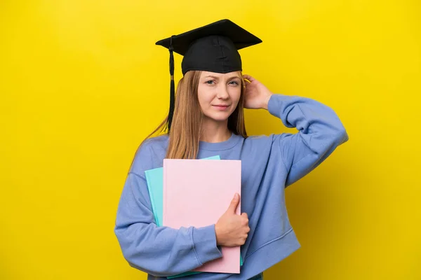 Young Student Russian Woman Isolated Yellow Background Having Doubts — Foto Stock