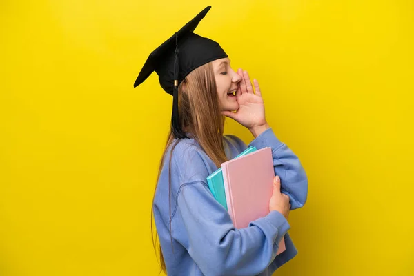 Young Student Russian Woman Isolated Yellow Background Shouting Mouth Wide — Foto Stock
