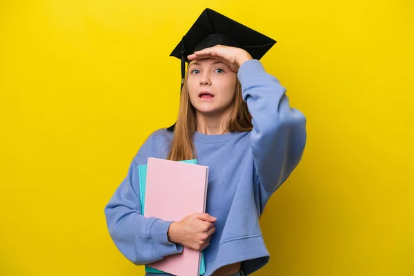 Young Student Russian Woman Isolated Yellow Background Doing Surprise Gesture — Foto Stock