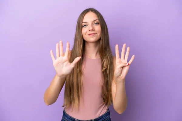 Jong Litouws Vrouw Geïsoleerd Paarse Achtergrond Tellen Negen Met Vingers — Stockfoto