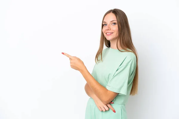 Mujer Lituana Joven Aislada Sobre Fondo Blanco Apuntando Con Dedo —  Fotos de Stock