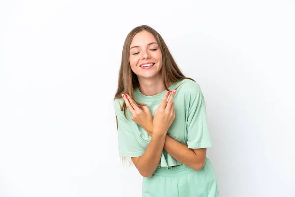 Joven Mujer Lituana Aislada Sobre Fondo Blanco Sonriendo Mostrando Signo —  Fotos de Stock