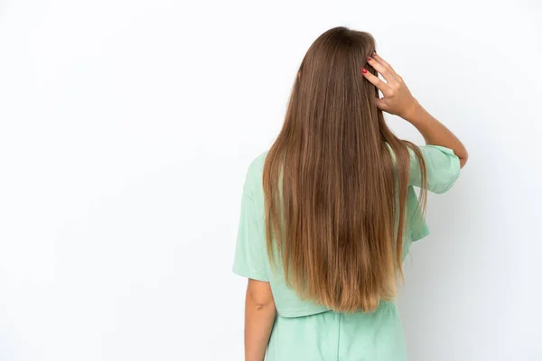 Jovem Lituana Mulher Isolada Fundo Branco Posição Traseira Pensando — Fotografia de Stock