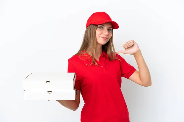 Entrega Pizza Mulher Lituana Isolado Fundo Branco Orgulhoso Auto Satisfeito — Fotografia de Stock