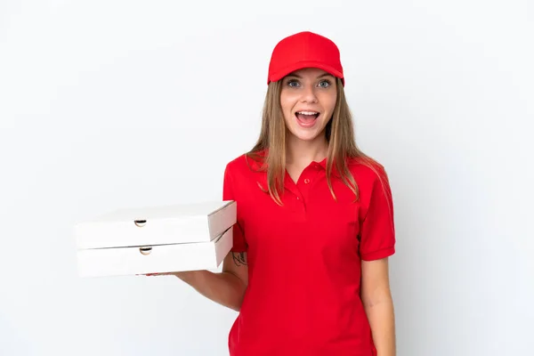 Pizza Entrega Lituana Mulher Isolada Fundo Branco Com Expressão Facial — Fotografia de Stock