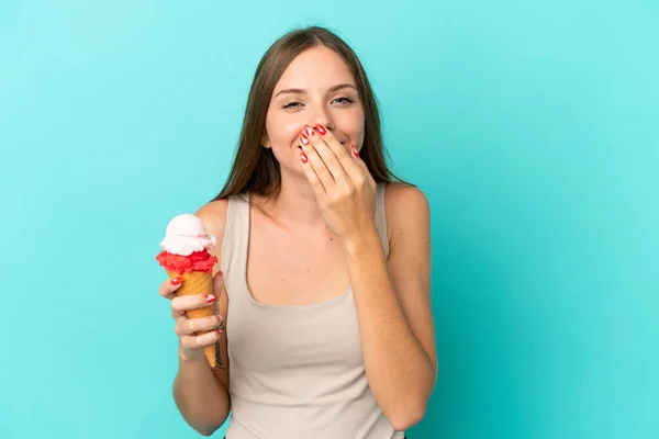 Young Lithuanian Woman Cornet Ice Cream Isolated Blue Background Happy — Stockfoto