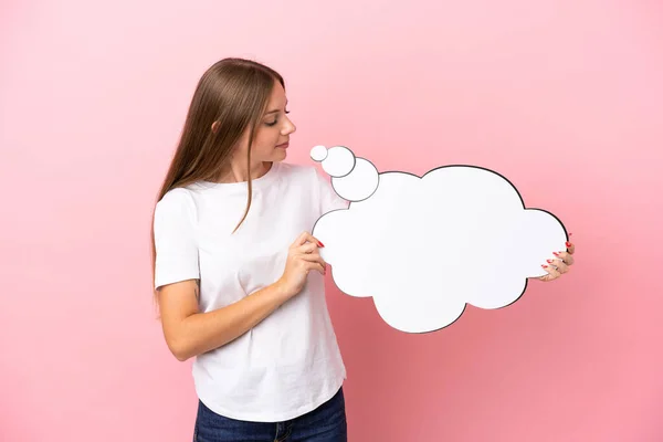Young Lithuanian Woman Isolated Pink Background Holding Thinking Speech Bubble — Stock Photo, Image