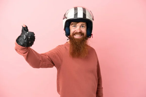 Young Reddish Caucasian Man Motorcycle Helmet Isolated Pink Background Thumbs — 图库照片