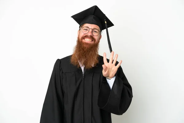 Junger Universitätsabsolvent Rötlicher Mann Isoliert Auf Weißem Hintergrund Glücklich Und — Stockfoto