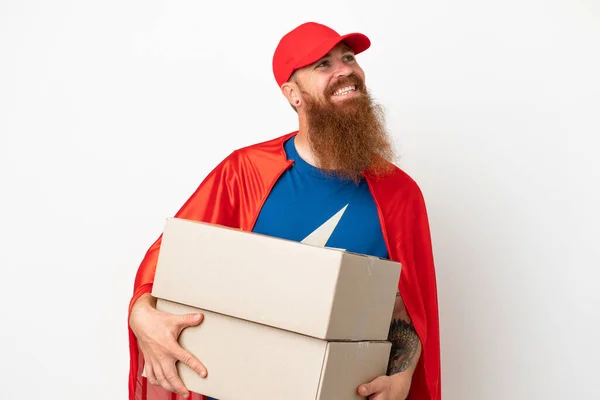 Super Hero Delivery Reddish Man Isolated White Background Posing Arms — 图库照片