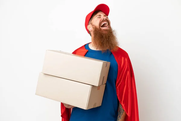 Super Hrdina Dodávky Načervenalý Muž Izolované Bílém Pozadí Směje — Stock fotografie