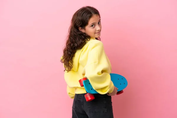 Little Caucasian Girl Isolated Pink Background Skate — Stock Photo, Image