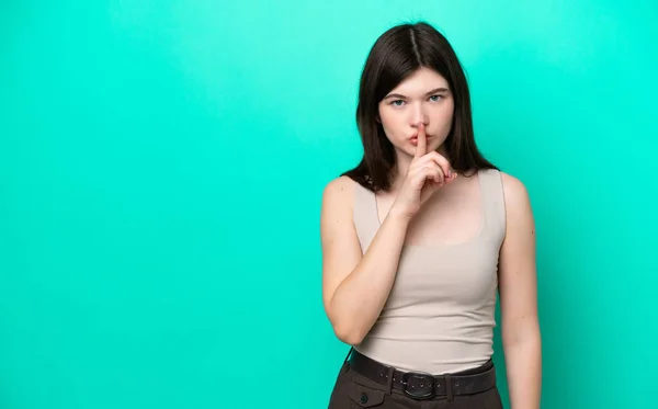 Young Russian Woman Isolated Green Background Showing Sign Silence Gesture — Stock Photo, Image
