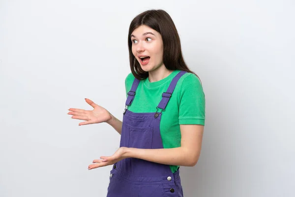 Young Russian Woman Isolated Blue Background Surprise Expression While Looking — Stock Photo, Image