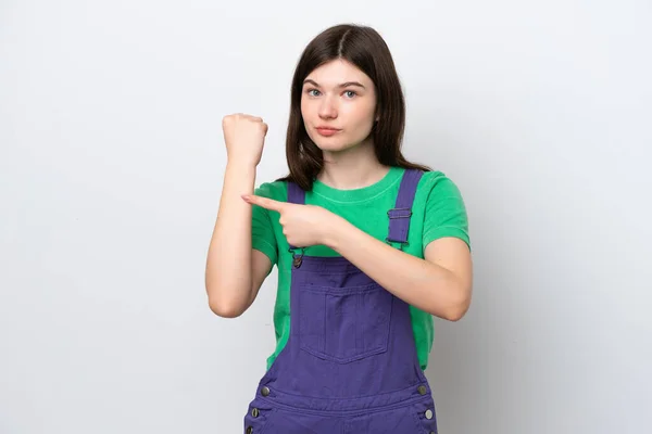Jonge Russische Vrouw Geïsoleerd Blauwe Achtergrond Het Maken Van Het — Stockfoto