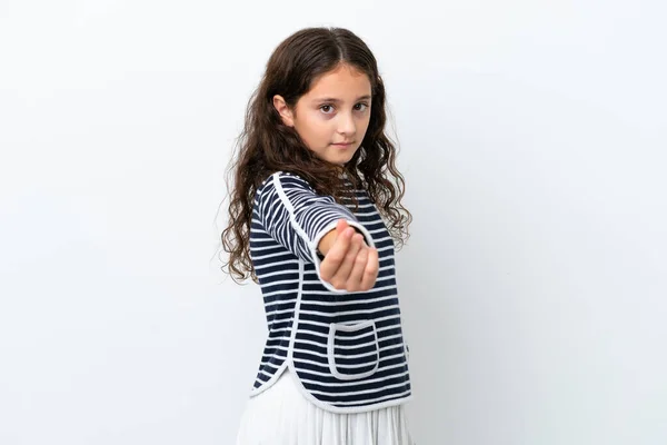 Pouco Caucasiano Menina Isolado Fundo Branco Fazendo Dinheiro Gesto — Fotografia de Stock