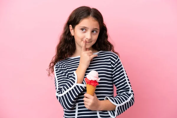Little Caucasian Girl Holding Ice Cream Isolated Pink Background Having — Stockfoto