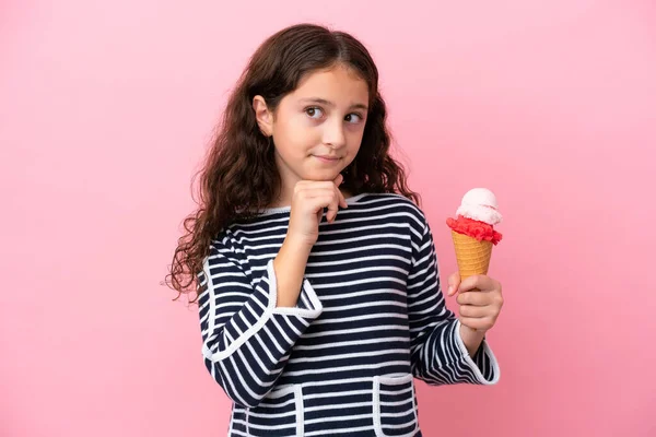 Little Caucasian Girl Holding Ice Cream Isolated Pink Background Having — Stockfoto