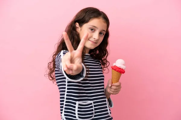 Little Caucasian Girl Holding Ice Cream Isolated Pink Background Smiling — Stockfoto