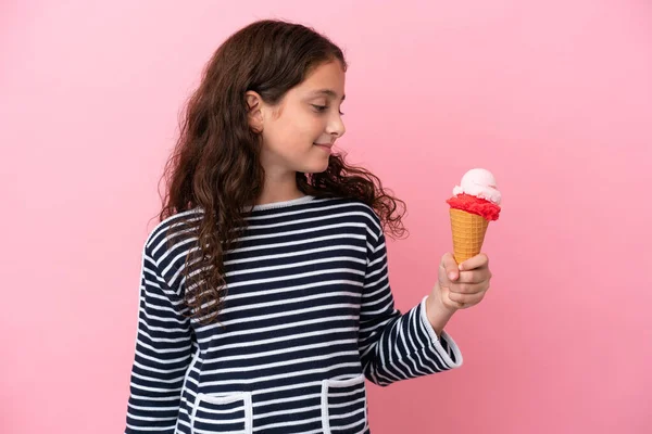 Little Caucasian Girl Holding Ice Cream Isolated Pink Background Looking — Stockfoto