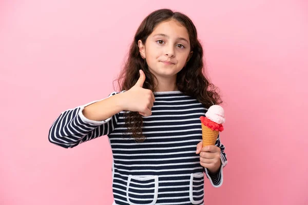 Little Caucasian Girl Holding Ice Cream Isolated Pink Background Giving — Stockfoto