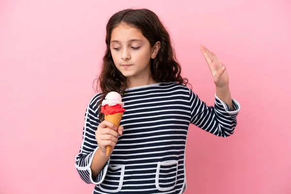 Little Caucasian Girl Holding Ice Cream Isolated Pink Background Making — Stockfoto