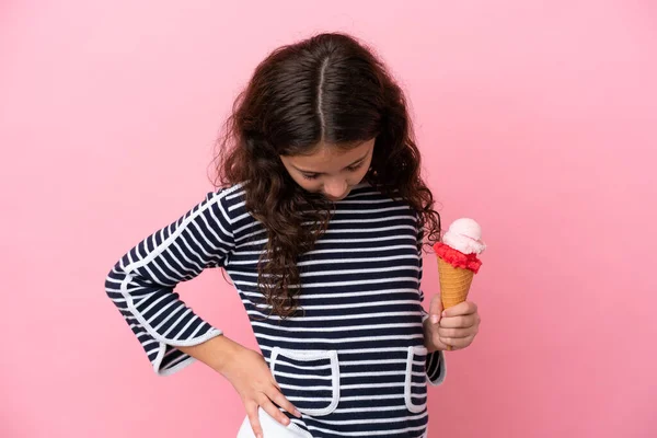 Little Caucasian Girl Holding Ice Cream Isolated Pink Background Suffering — Stockfoto