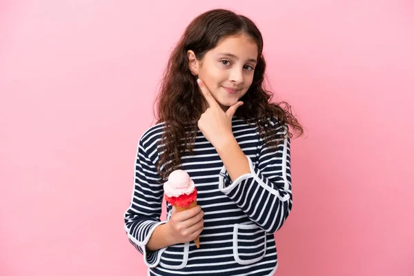 Little Caucasian Girl Holding Ice Cream Isolated Pink Background Happy — Stockfoto