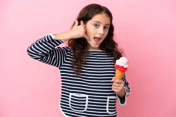 Little Caucasian Girl Holding Ice Cream Isolated Pink Background Making — Stockfoto