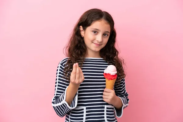 Little Caucasian Girl Holding Ice Cream Isolated Pink Background Making — Stockfoto