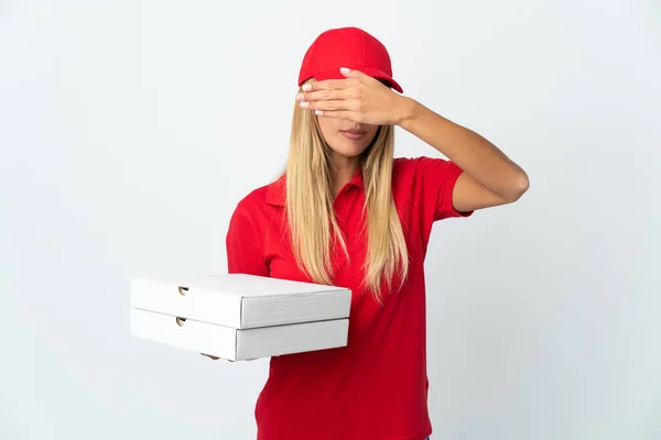 Pizza Delivery Woman Holding Pizza Isolated White Background Covering Eyes — Stockfoto