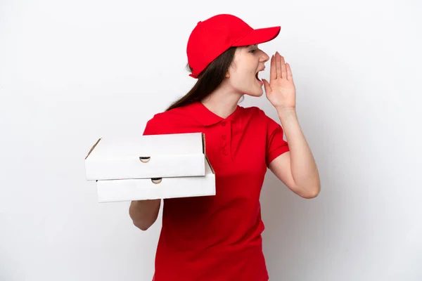 Young Russian Pizza Delivery Picking Pizza Boxes Isolated White Background — Foto Stock