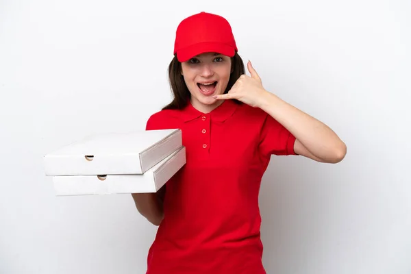 Νεαρή Ρωσική Πίτσα Παράδοση Pizza Pizza Κουτιά Απομονώνονται Λευκό Φόντο — Φωτογραφία Αρχείου