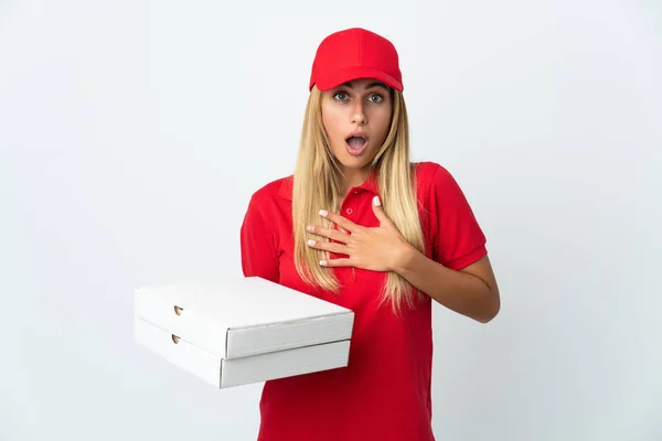 Pizza Delivery Woman Holding Pizza Isolated White Background Surprised Shocked — Stockfoto