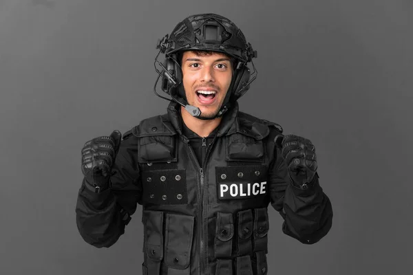 Swat Caucasian Man Isolated Grey Background Celebrating Victory Winner Position — Foto Stock
