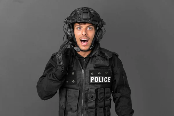 Swat Caucasian Man Isolated Grey Background Surprise Shocked Facial Expression — Foto Stock