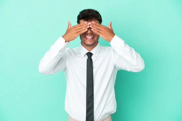 Business Caucasian Man Isolated Blue Background Covering Eyes Hands — Stockfoto