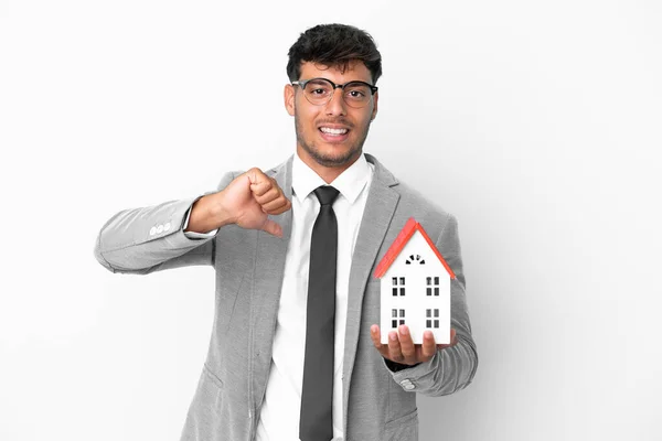 Business Man Holding House Isolated Blue Background Proud Self Satisfied — Foto Stock
