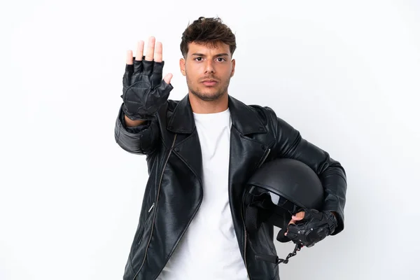 Young Caucasian Man Motorcycle Helmet Isolated White Background Making Stop — Foto Stock