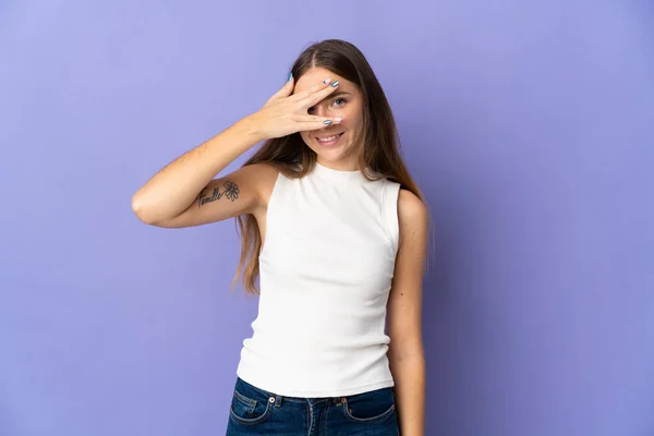 Young Lithuanian Woman Isolated Purple Background Covering Eyes Hands Smiling — 图库照片