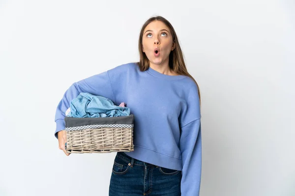 Young Lithuanian Woman Holding Clothes Basket Isolated White Background Looking — Stockfoto